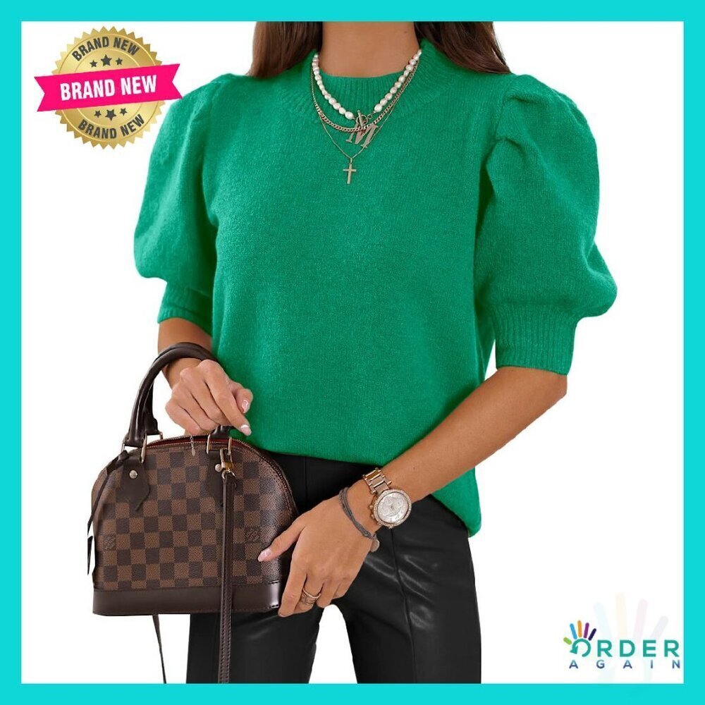 Puff Sleeve Knit Sweater Top Crew Neck Casual Chic Lightweight Y2K Trendy